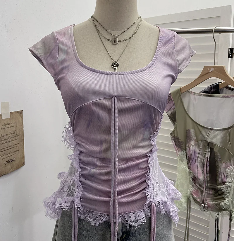 Nigikala Nigikala Industrial Lace Splicing Elastic Print With Bow Short-Sleeved T-Shirt 6185