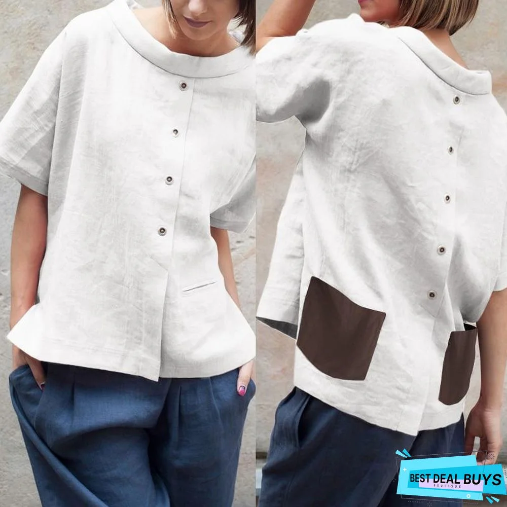 Oversized Vintage Cotton Tops Women Blouses Short Sleeve Buttons Casual Shirts Pockets Loose Tops