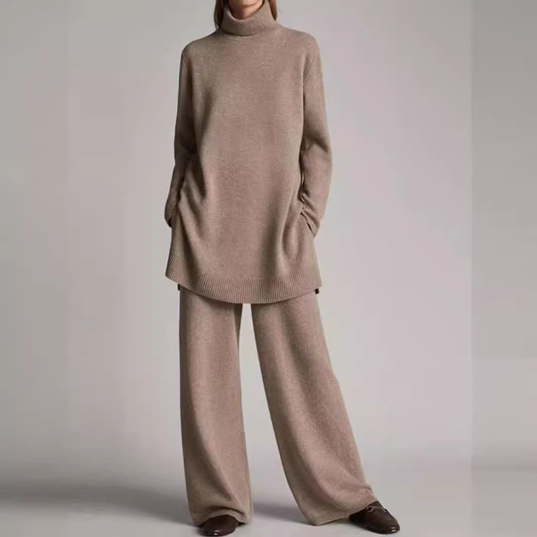 Loose Casual Knit Solid Color Turtleneck Suit
