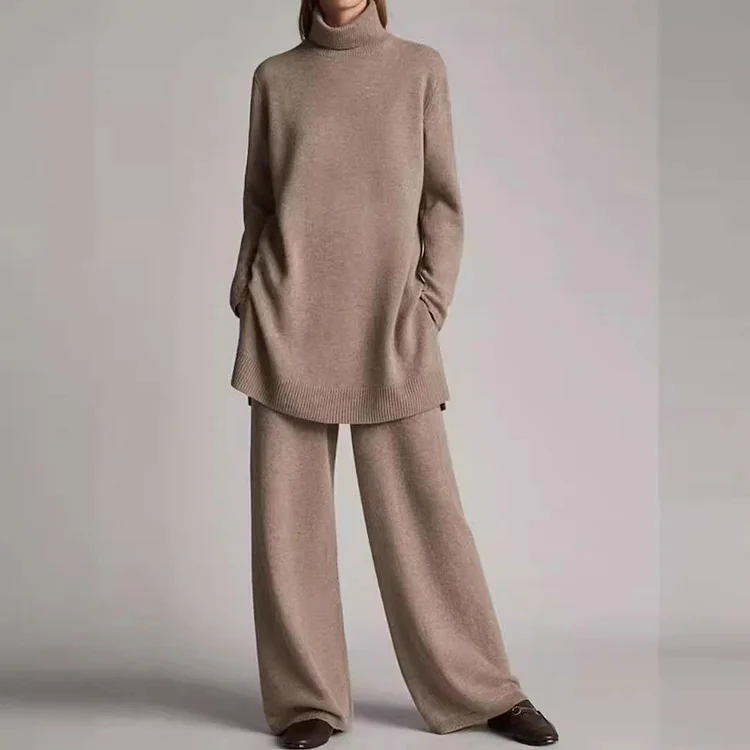 Loose Casual Knit Solid Color Turtleneck Suit