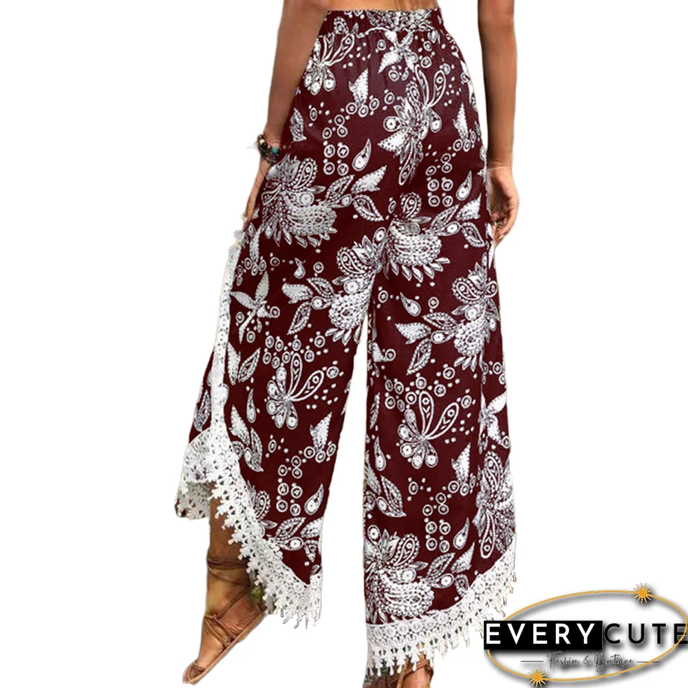 Burgundy Floral Print Spliced Casual Pants