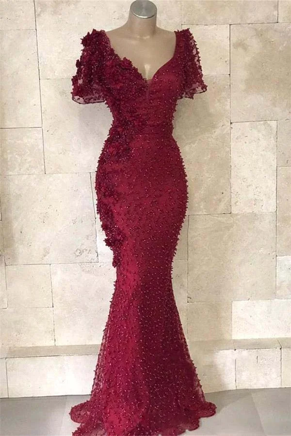 Burgundy Mermaid Prom Dresses V Neck Short Sleeves 3D Flowers Pearls Floor Length Evening Party Gowns 