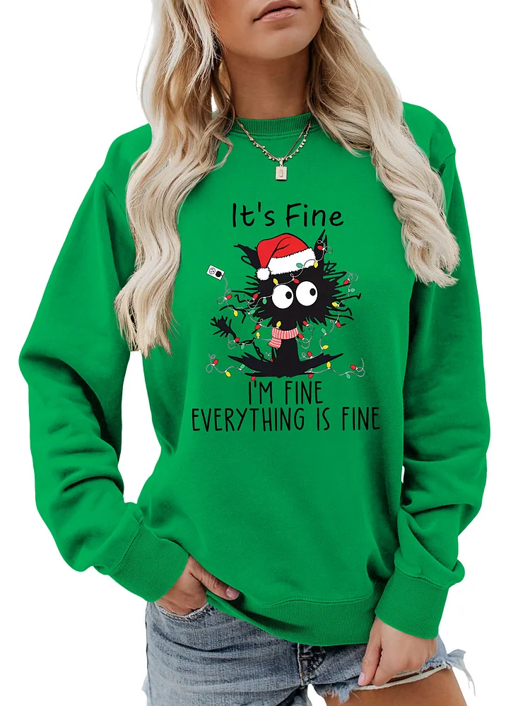 Womens Merry Christmas Black Cat Crewneck Sweatshirt Funny It's Fine I'm Fine Print Holiday Sweatshirt