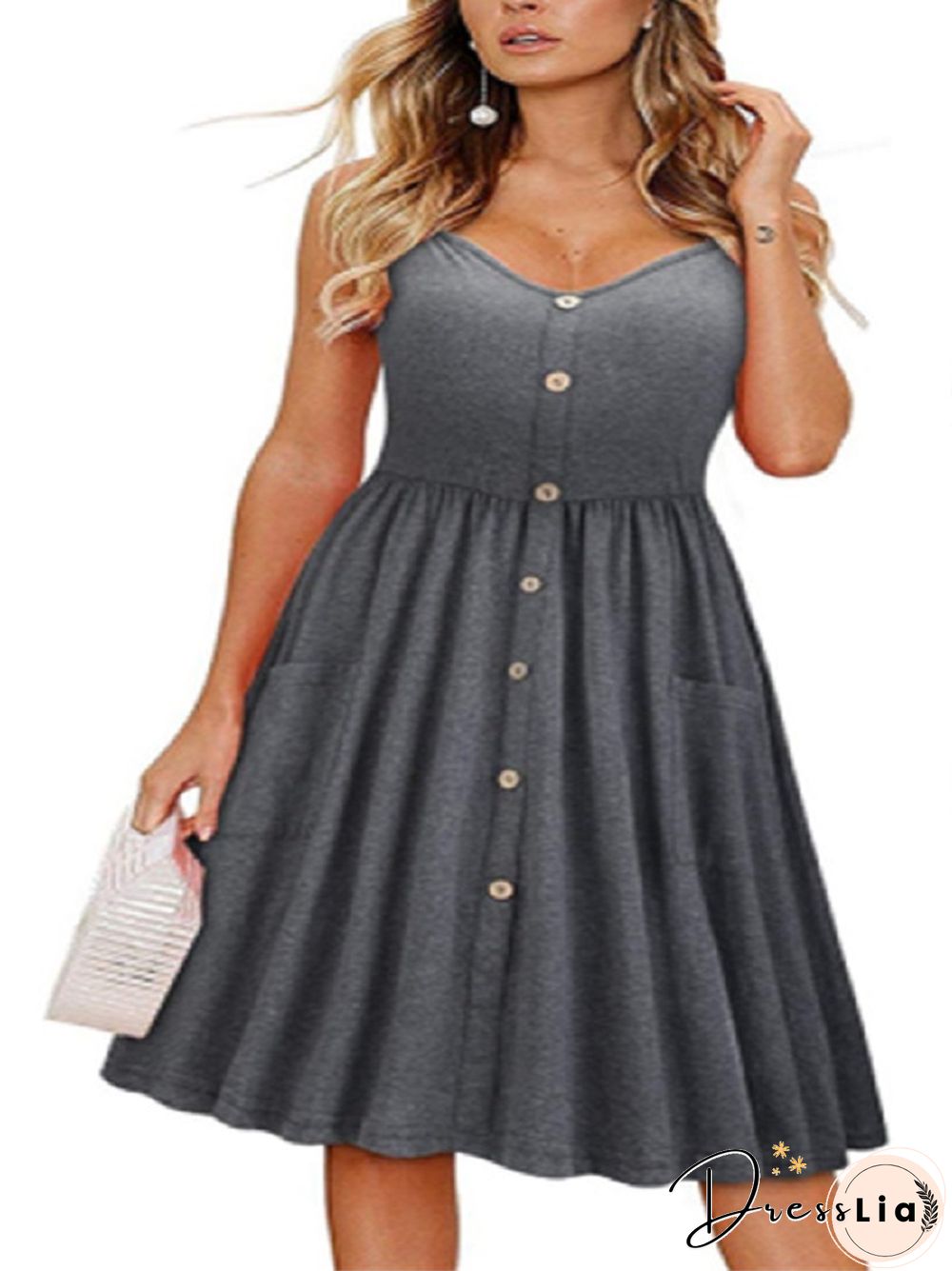 Button Pocket Solid Suspender Dress