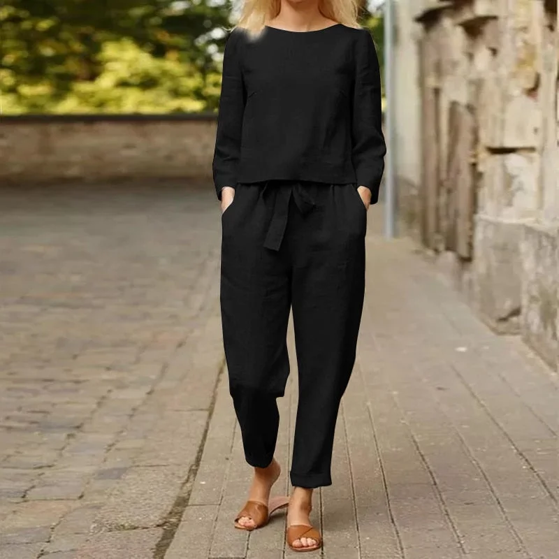 ZANZEA Women Long Sleeve Sets 2PC Autumn Suits Solid Casual Long Cotton Pants O Neck Blouse Loose Harem Trousers Oversize 2022