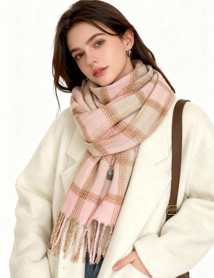 Ladies Color Block Checked Fringe Knit Scarf