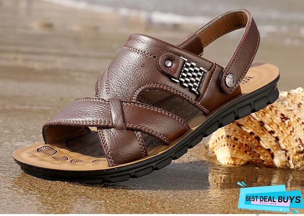 Men's Genuine Leather Casual Non-Slip Sandals Beach Slippers Shoes