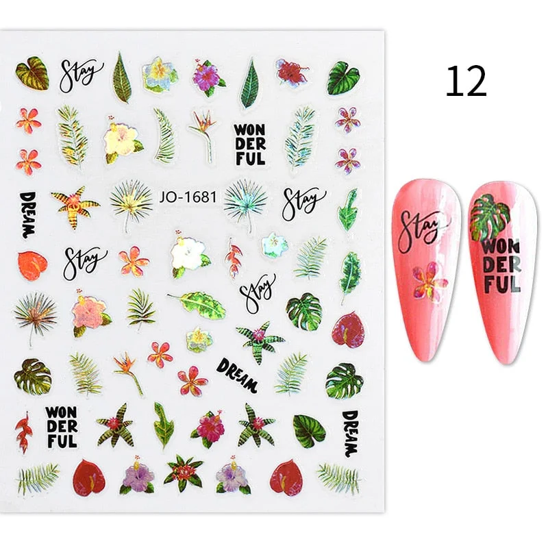 1PC Spring Green Palm Flowers Leaves 3D Nail Stickers Self-Adhesive Slider Nail Art Decorations Geometry Leaf Decals Manicure-Nail Inspo