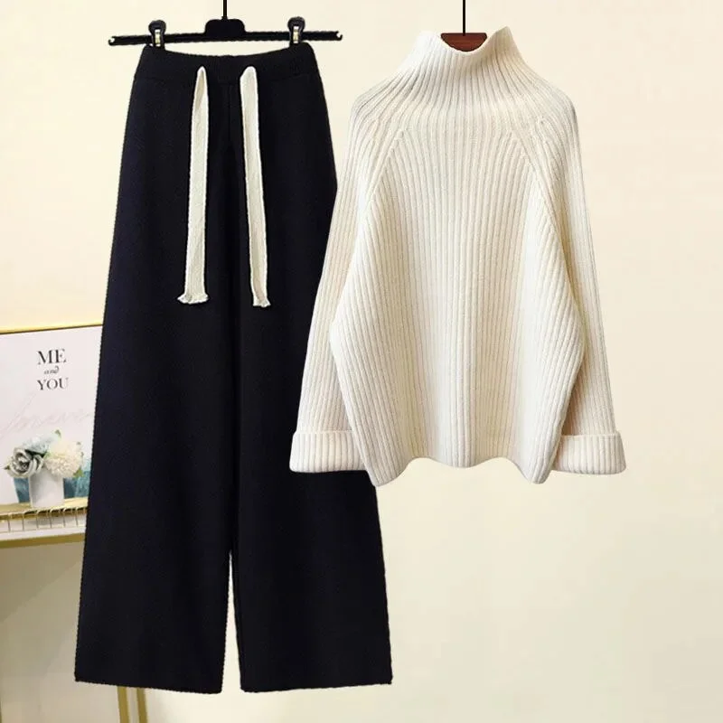 Zingj Winter Warm Knitted Suit Women Long Sleeve Half Turtleneck Knitting Sweater And Wide Leg Pants Sets Outer Wear Loose Set