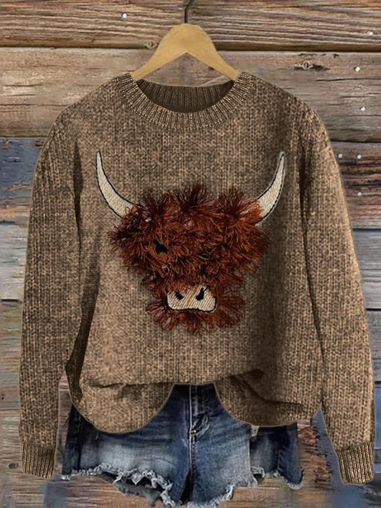 VChics Fuzzy Highland Cow Embroidery Art Cozy Knit Sweater