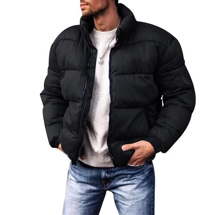 Casual Solid Stand Collar Zipper Pocket Thickened Thermal Coat
