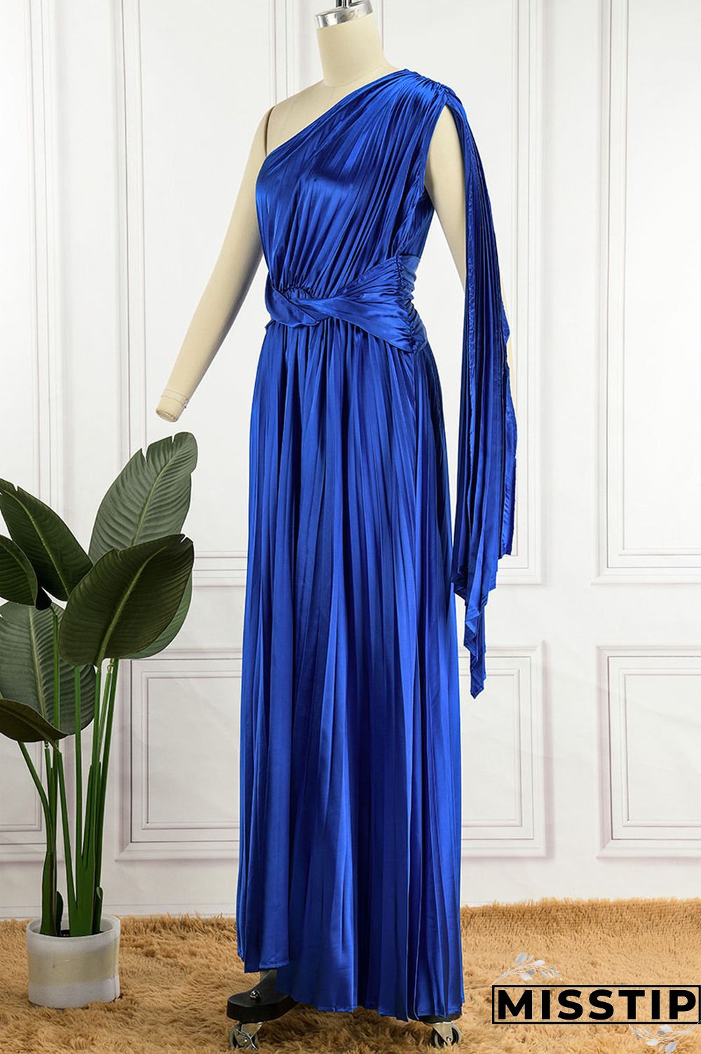 Colorful Blue Elegant Solid Patchwork Fold Oblique Collar Straight Dresses
