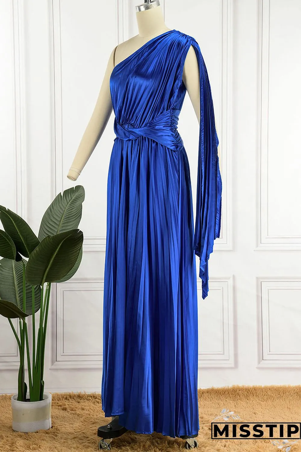 Colorful Blue Elegant Solid Patchwork Fold Oblique Collar Straight Dresses