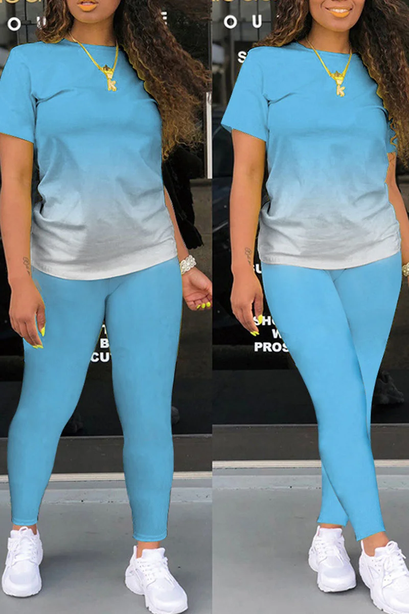 Light Blue Casual Gradual Change Split Joint O Neck Short Sleeve Two Pieces