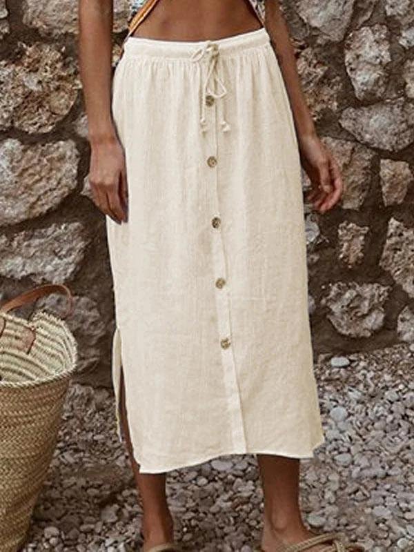 Women's loose cotton and linen button lace up skirt-Mayoulove