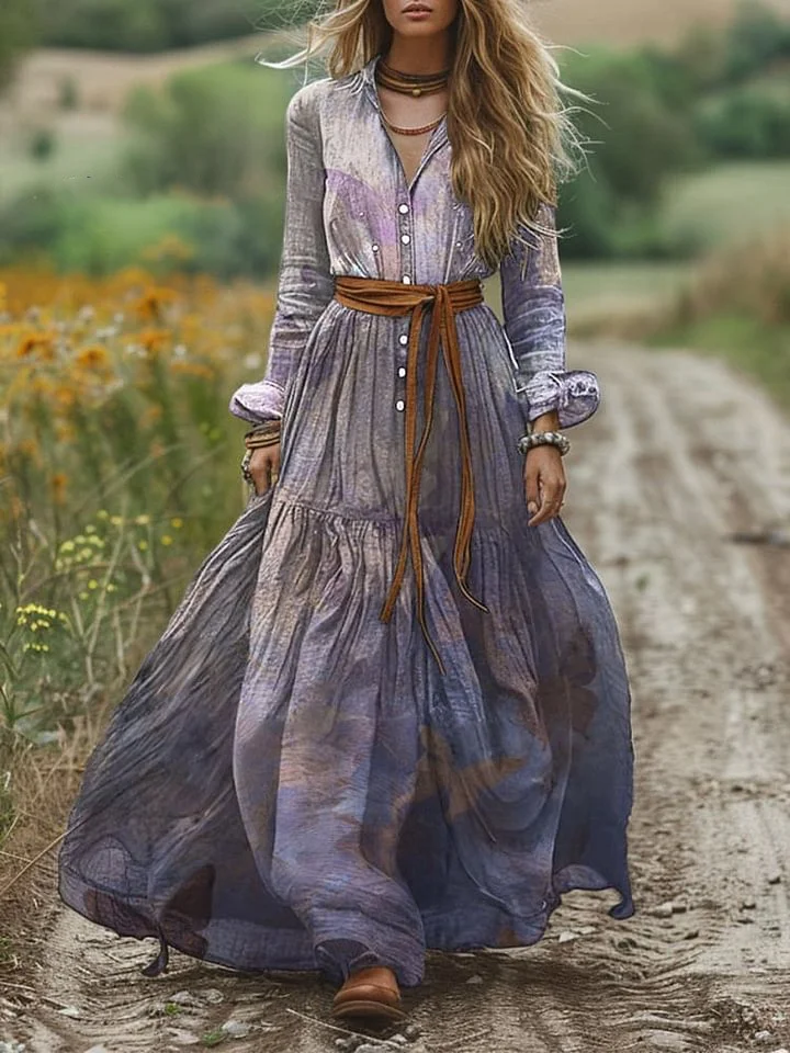 Women's Shirt Collar Gradient Print Pocket Long Sleeve Cotton Dress