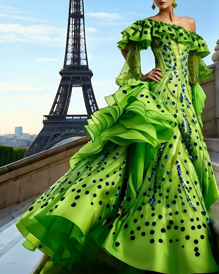 Women's Off-the-shoulder Polka Dot Sequined Ruffle Dress