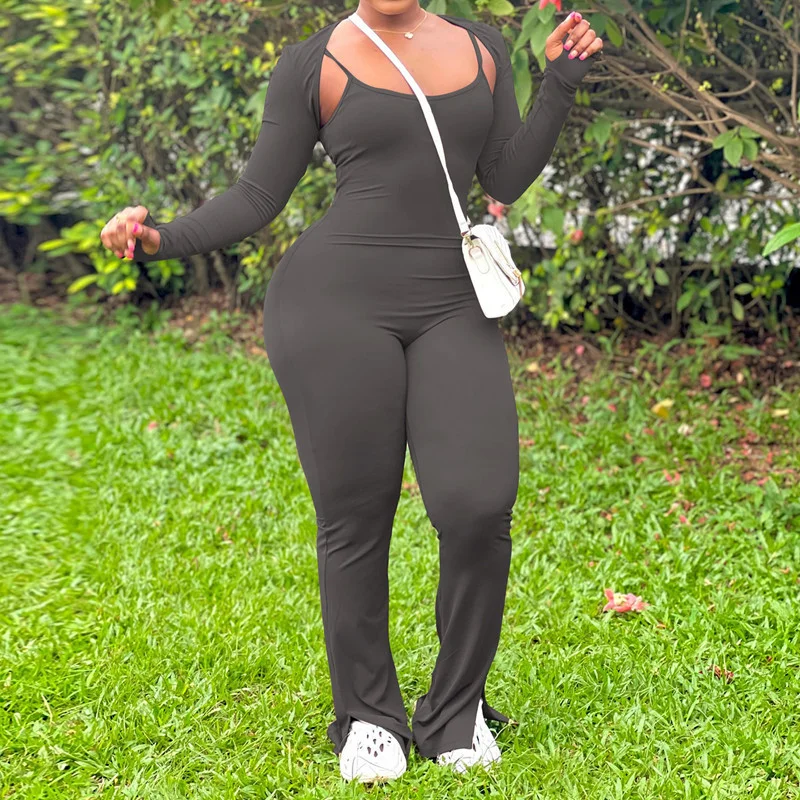 Uveng Uveng Women's Fall New Solid Color Simple Long Sleeve Shawl Jumpsuit Fashion Slim Suit