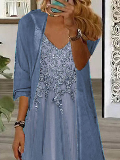 Women's Long Sleeve V-neck Floral Printed Two Pieces Maxi Dress