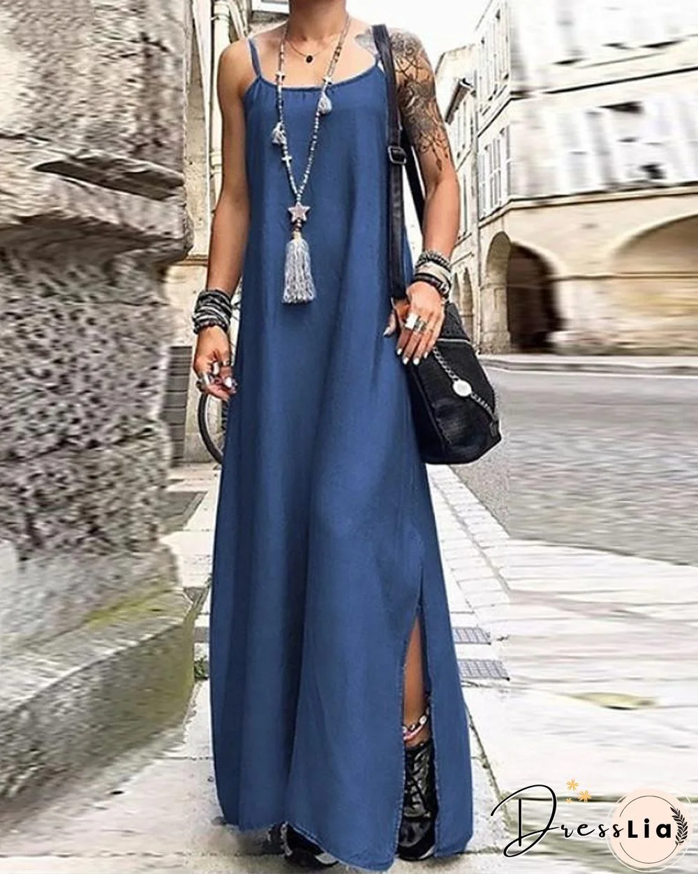 Women's Strap Dress Maxi long Dress Sleeveless Solid Color Summer Casual Dusty Blue Light Blue S M L XL XXL 3XL 4XL 5XL