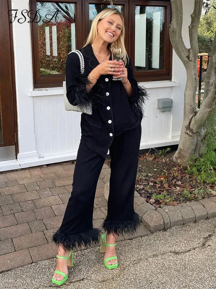 FSDA 2022 Autumn Spring White Feather Pants Women Black Fashion Long Trouser Wide Leg Khaki Elegant Ladies Office