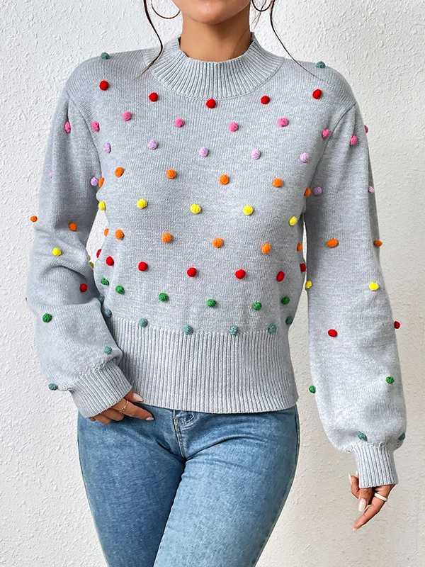 Pompom Triming Loose Long Sleeves Round-Neck Sweater Tops Pullovers Knitwear