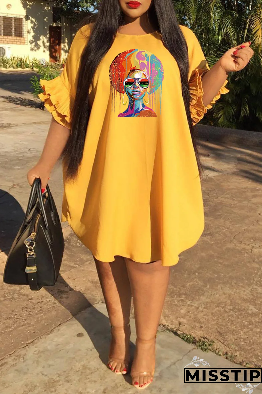 Pink Fashion Print Flounce O Neck Straight Plus Size Dresses