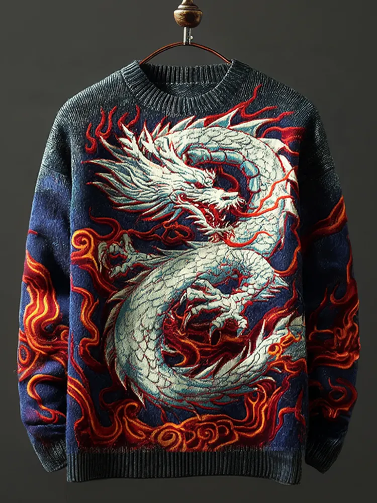 Japanese Art Style Dragon And Fire Pattern Retro Men's Sweater