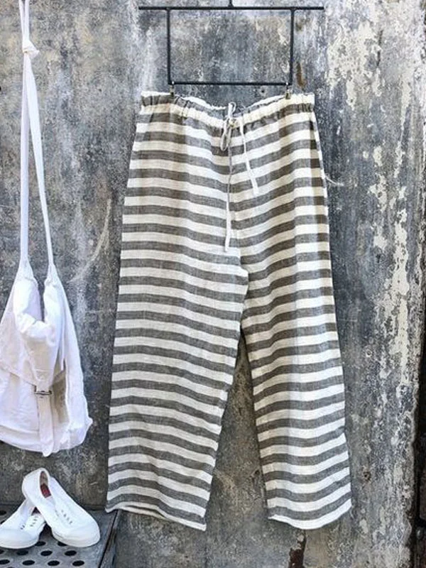 striped casual comfortable cotton linen women's pants
