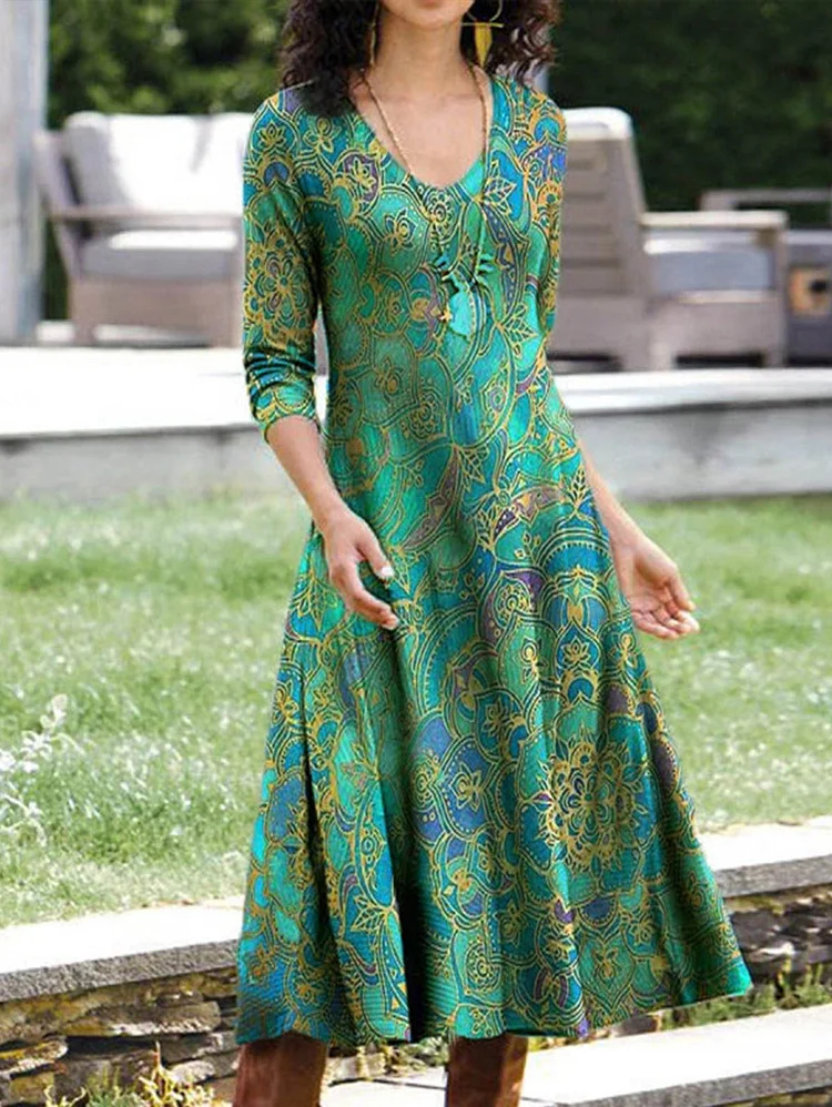 V Neck Leaf Pattern Long Sleeve Midi Dress