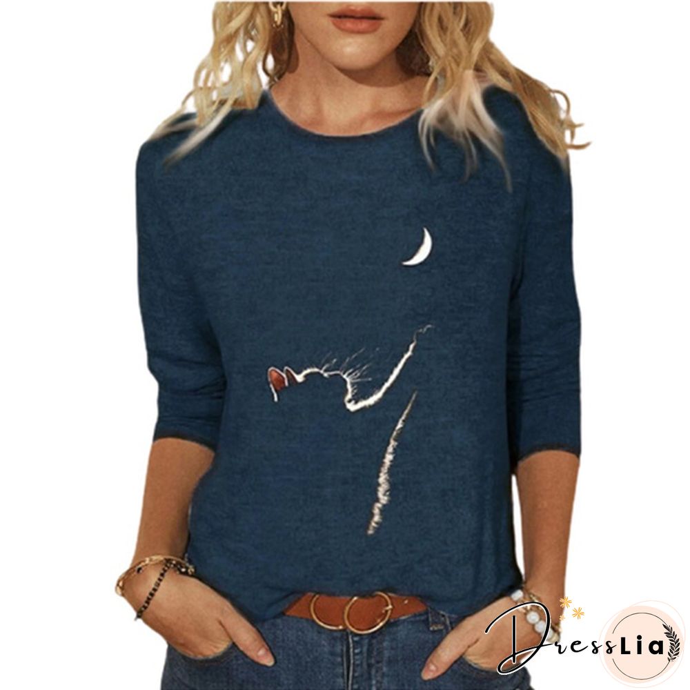 Cute Cat Print Long Sleeved Womens Shirt Spring Autumn Casual