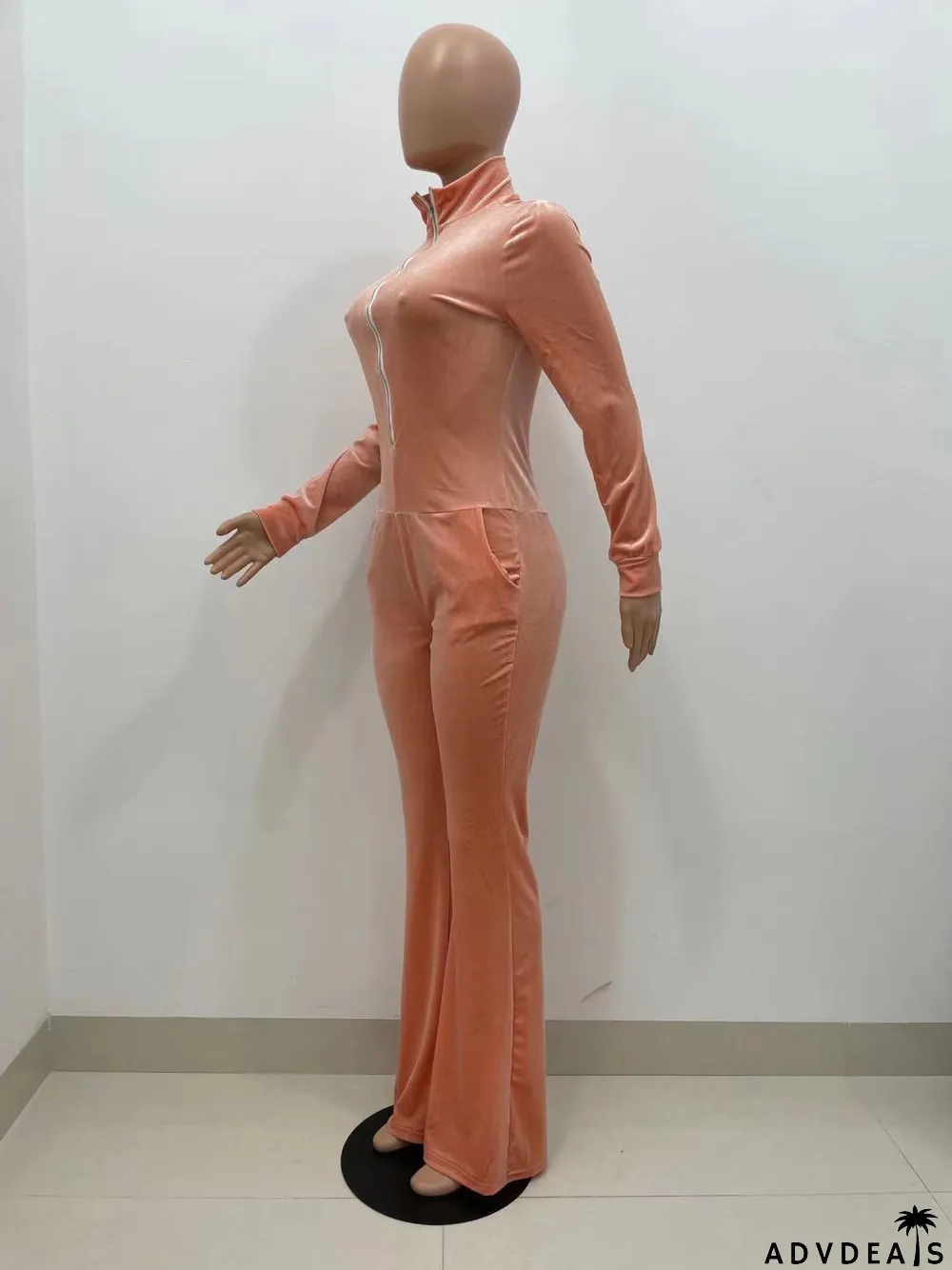 Solid Velvet Long Sleeve Zipper Flared Jumpsuit