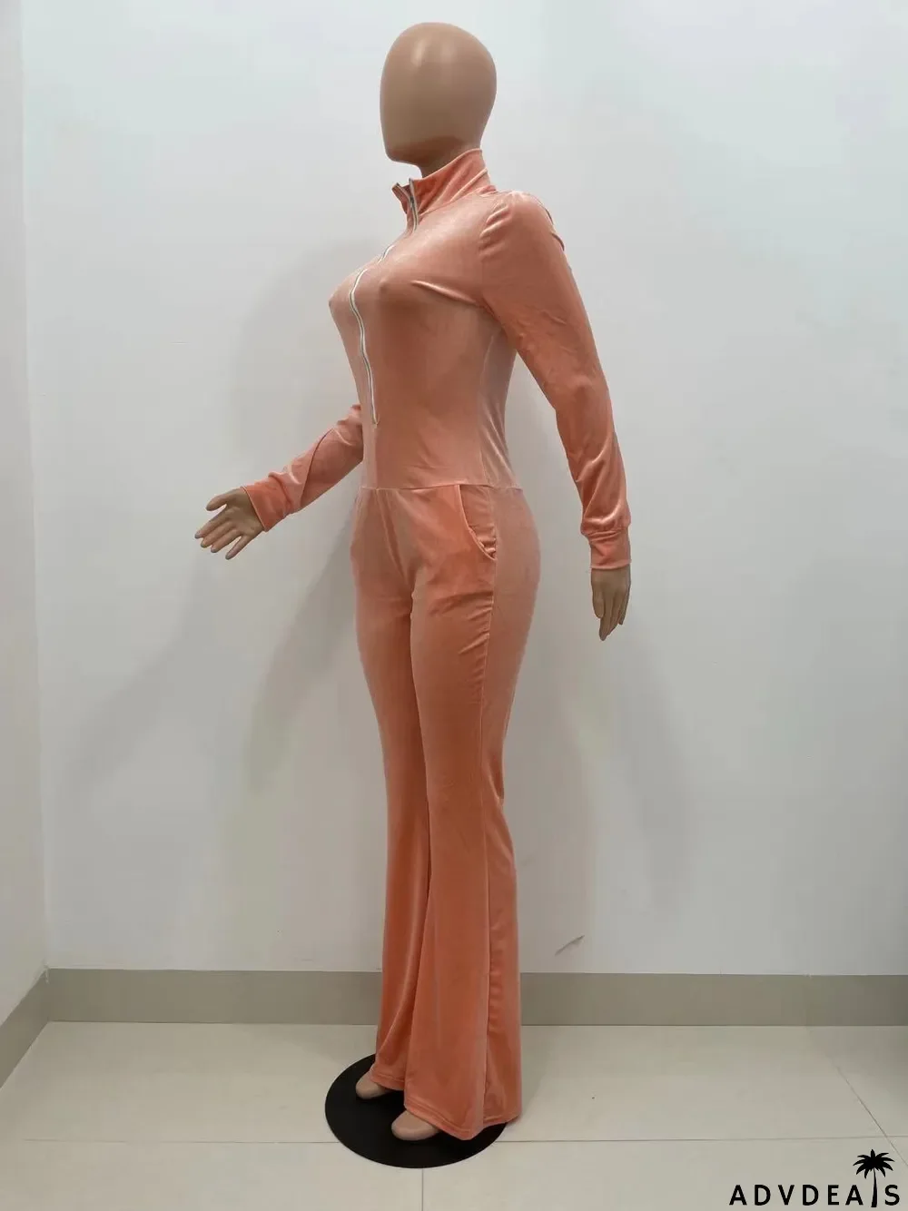 Solid Velvet Long Sleeve Zipper Flared Jumpsuit