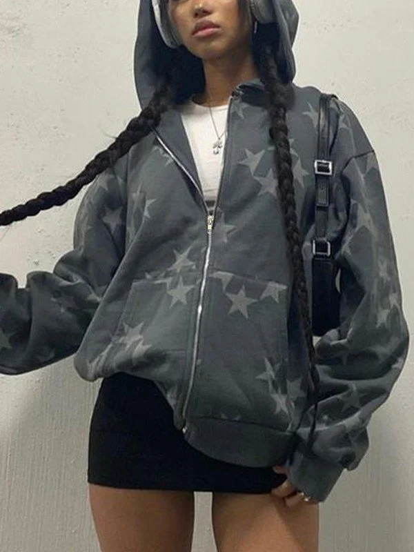 Oversized Star Print Zip Up Hoodie