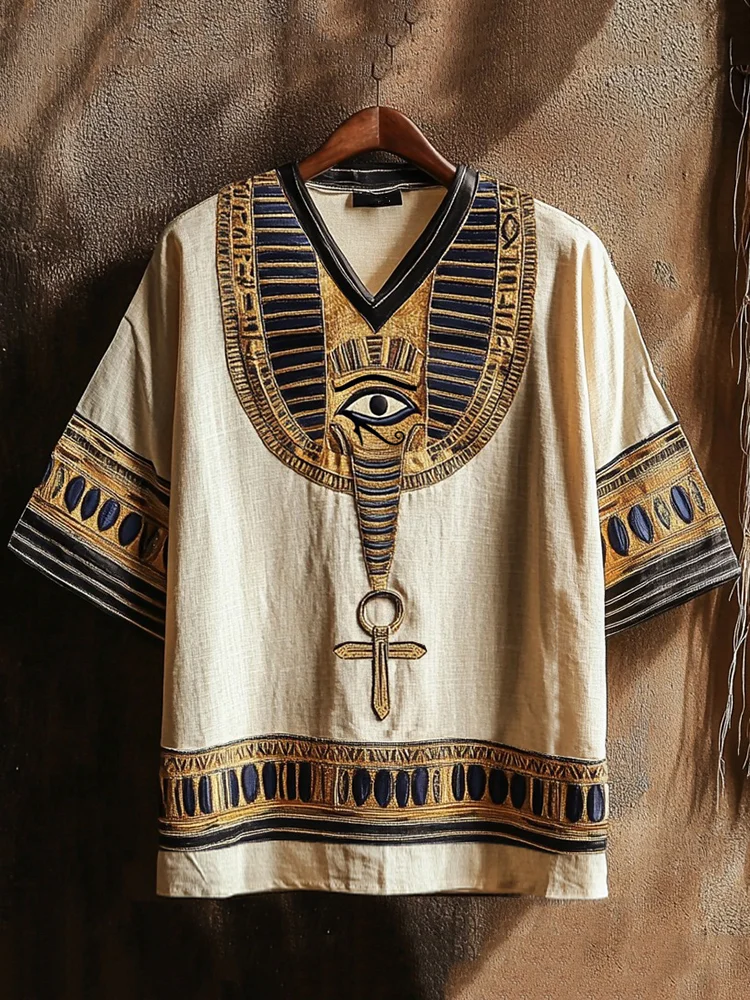 Men's Ancient Egyptian Eye Of Horus And Ankh Linen Shirt / Rvogue / Rvogue