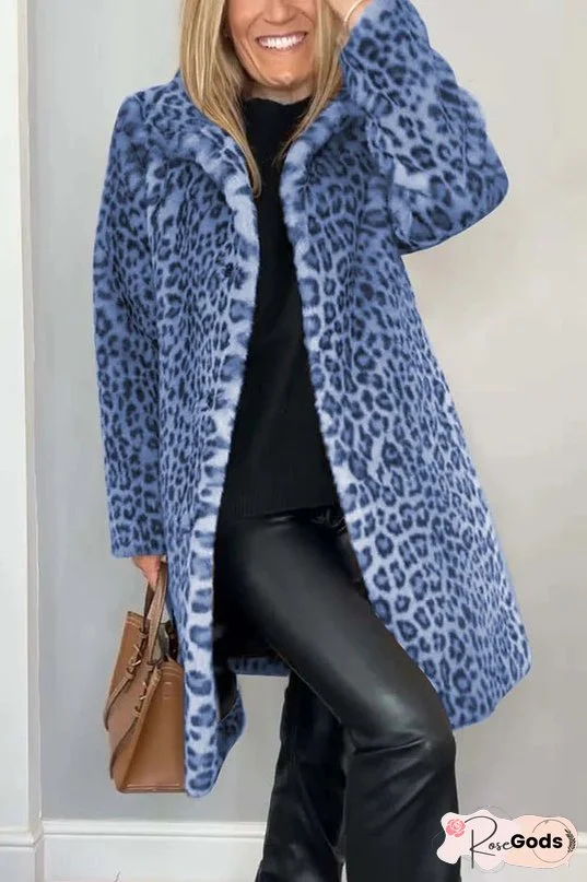 Leopard Print Lapel Long Sleeve Mid-length Plush Coat