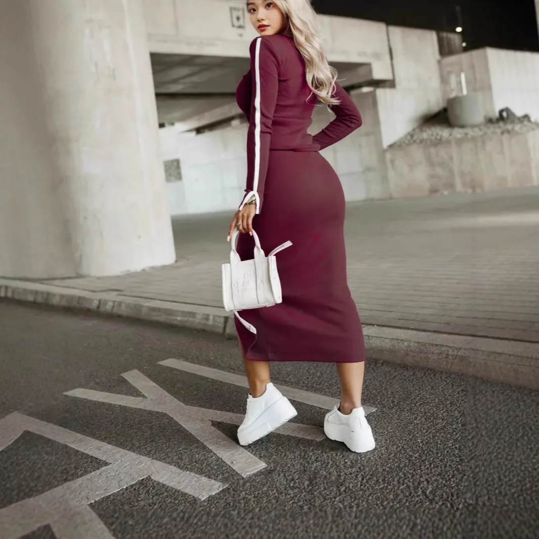 Women Striped Long Sleeve Knit Top & Front Slit Midi Skirt 2 Piece Set