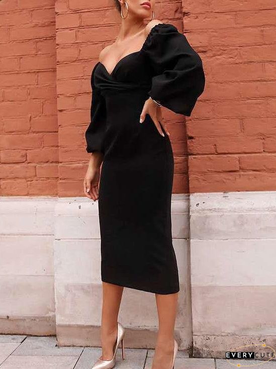 Dresses V-Neck Lantern Long Sleeve Midi Dress for Women