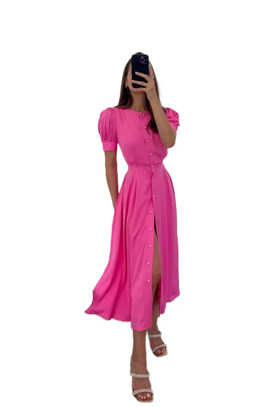 Brownm Style Summer Fashion Waist-controlled Single-breasted Commuter Dress