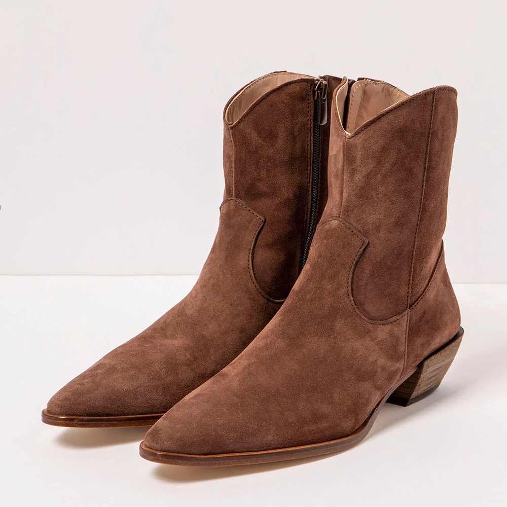 Vegan Suede Almond Toe Zipper Chunky Heel Ankle Boots in Brown