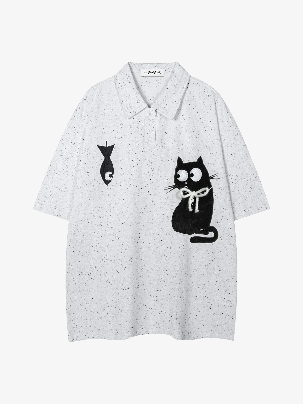 White Actchic Cartoon Cat & Fish Appliqué Speckled Tee Front