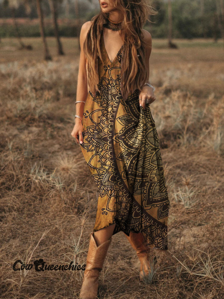 Women’s Ethnic Flowers Print Pocket Cotton Dress Multicolor / S