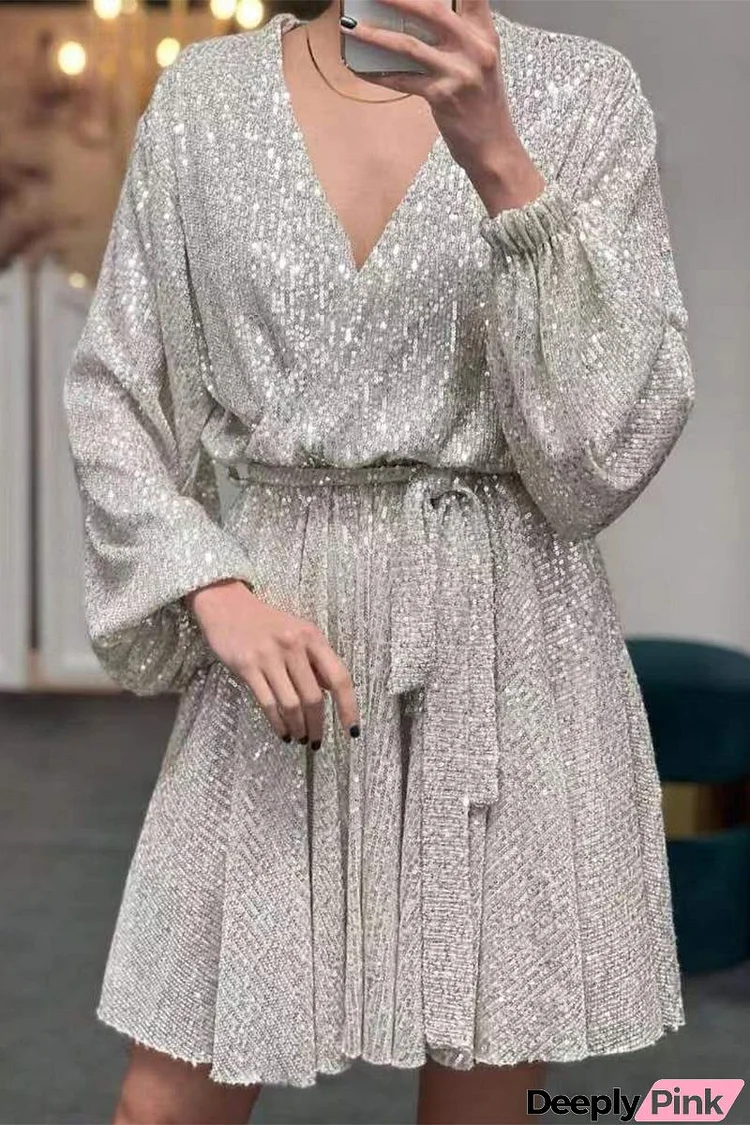 Celebrities Elegant Solid Sequins V Neck A Line Dresses