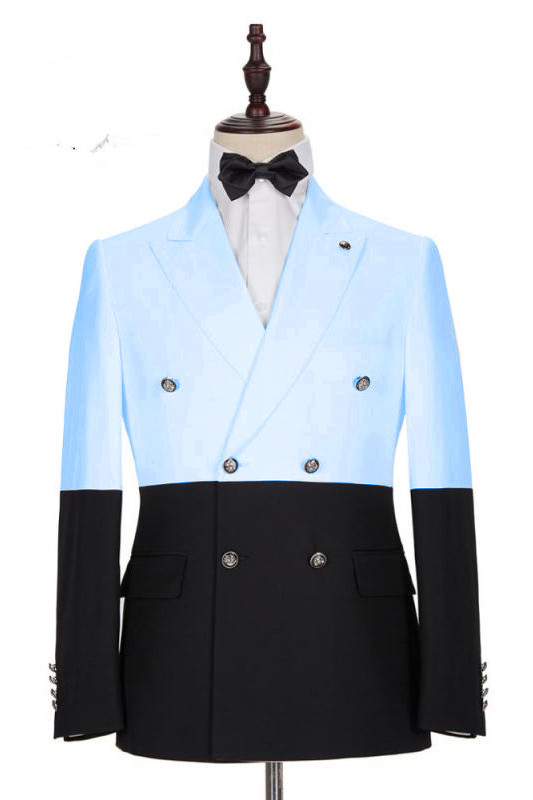 Dresseswow Peaked Lapel Popular Sky Blue Groomsmen Tuxedos With Double Breasted