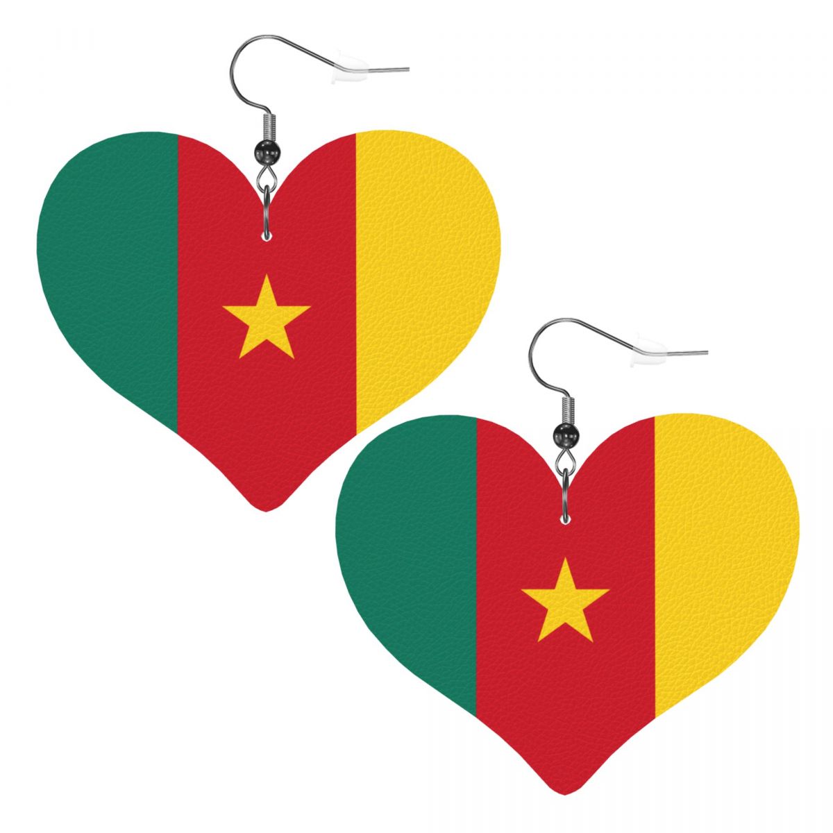 Cameroon Flag Heart Shaped Faux Leather Earrings
