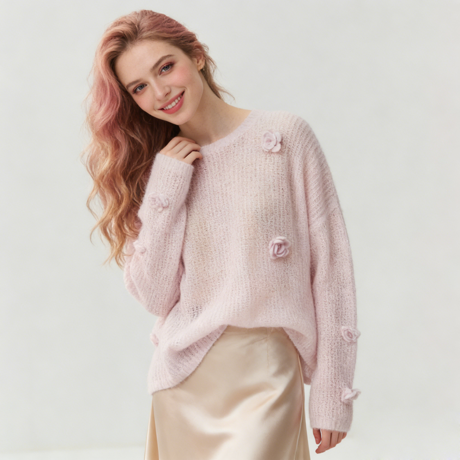 Women's 3D Floral Silk Cashmere Sweater Oversized | Spring Summer REAL SILK LIFE