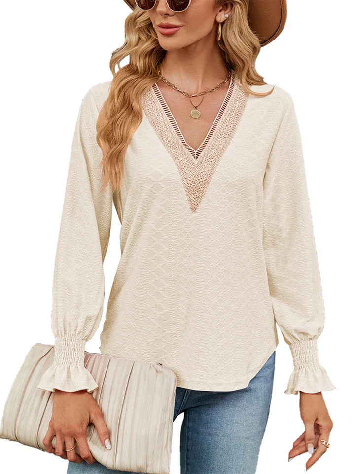 Autumn New Solid Color Lace Splicing V-neck Long-sleeved Flared Sleeve Loose T-shirt Pullover Urban Style Tops-Cosfine