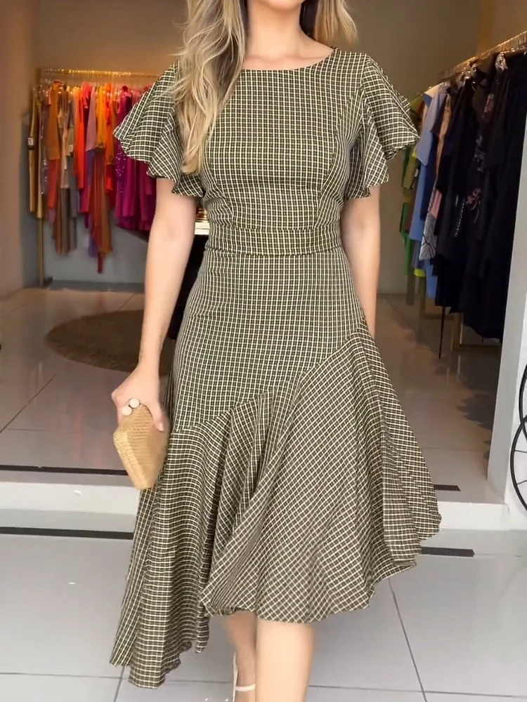 Women’s Round Neck Plaid Irregular Ruffle Dress