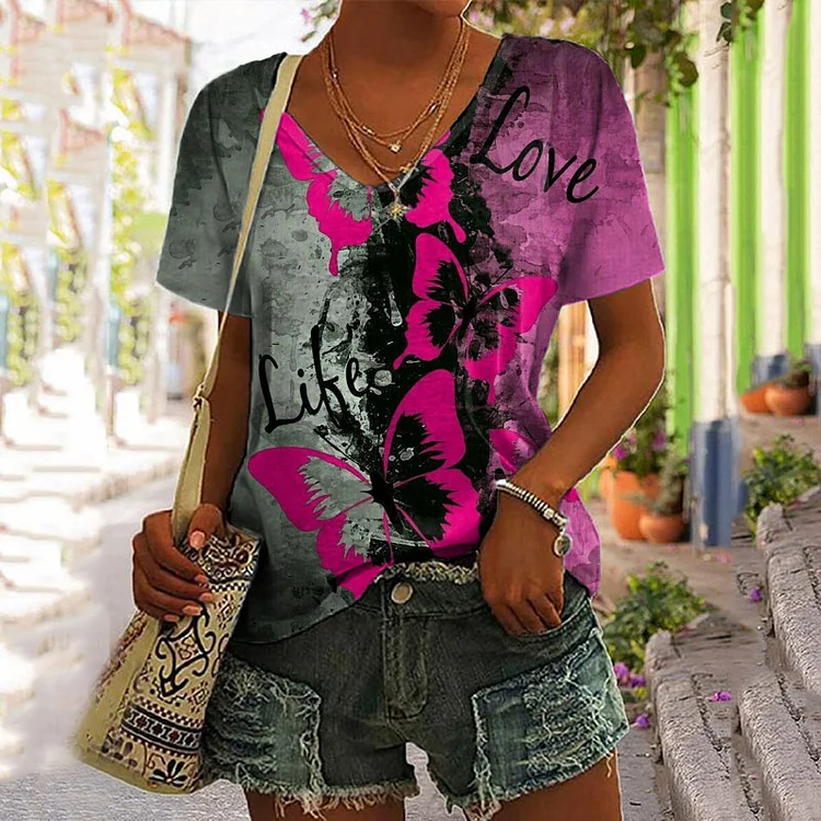 Vefave Love Life Butterfly Print V-Neck T-Shirt