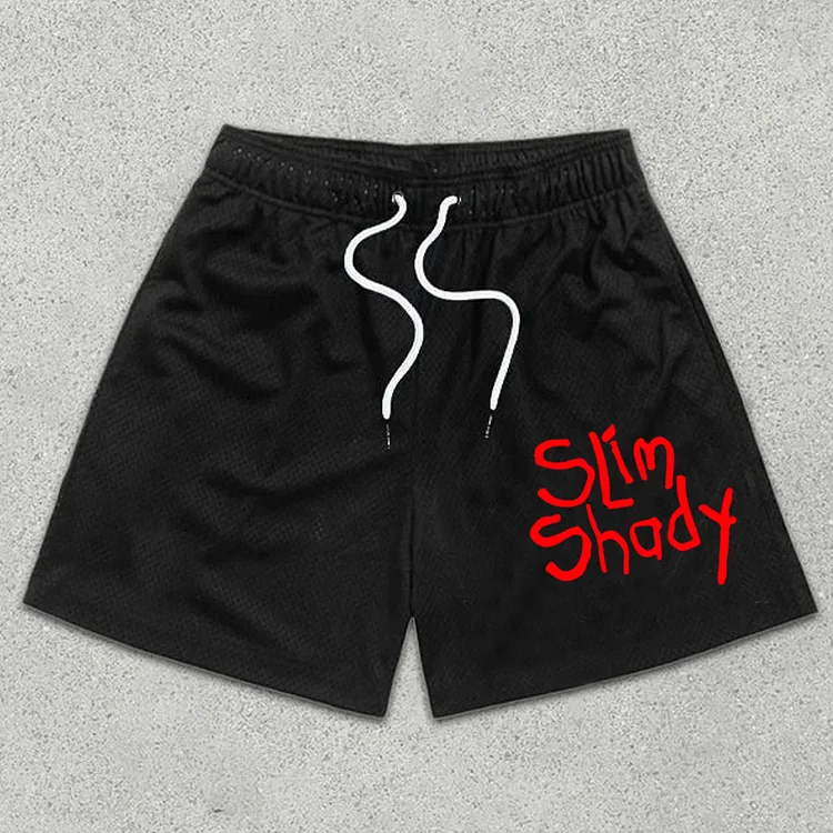 Casual Drawstring Slim Shady Graphic Mesh Shorts